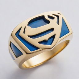 A detailed golden ring inset with a vibrant blue jewel, engraved with the Superman logo, against a bright white background.