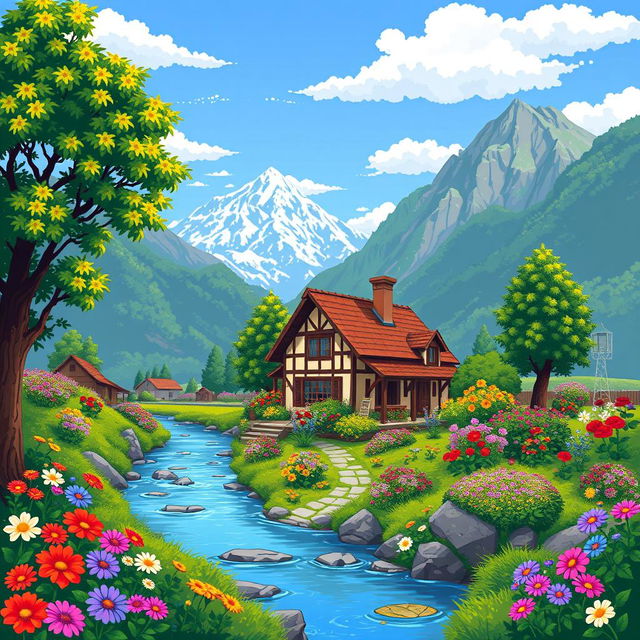 A picturesque village house surrounded by a lush array of colorful flowers, with a serene river gently flowing nearby and majestic mountains towering in the background