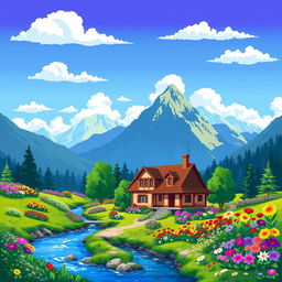 A picturesque village house surrounded by a lush array of colorful flowers, with a serene river gently flowing nearby and majestic mountains towering in the background