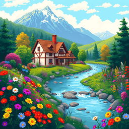 A picturesque village house surrounded by a lush array of colorful flowers, with a serene river gently flowing nearby and majestic mountains towering in the background