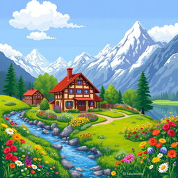 A picturesque village house surrounded by a lush array of colorful flowers, with a serene river gently flowing nearby and majestic mountains towering in the background