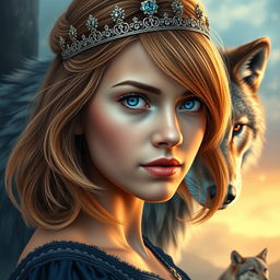 A breathtaking book cover in the style of Kiera Cass's novels, featuring a young woman with striking sapphire blue eyes and light chestnut hair styled in a long bob