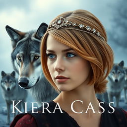 A breathtaking book cover in the style of Kiera Cass's novels, featuring a young woman with striking sapphire blue eyes and light chestnut hair styled in a long bob