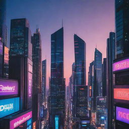 A futuristic cityscape at dusk, with towering buildings reaching the sky, bathed in the glow of neon lights.