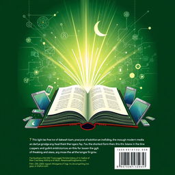 A captivating A5 book back cover featuring an illustration of an open book representing knowledge, with rays of light shining from its pages