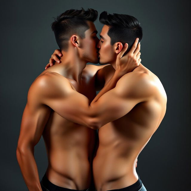 A young attractive couple, both fit and handsome, dressed in minimal clothing, engaged in passionate intimacy