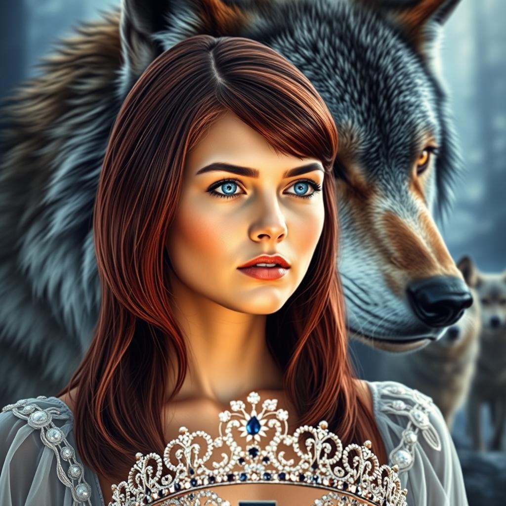 A mesmerizing book cover inspired by the style of Kiera Cass featuring a majestic wolf in the background that has a protective gaze