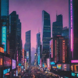 A futuristic cityscape at dusk, with towering buildings reaching the sky, bathed in the glow of neon lights.