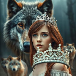 A mesmerizing book cover inspired by the style of Kiera Cass featuring a majestic wolf in the background that has a protective gaze