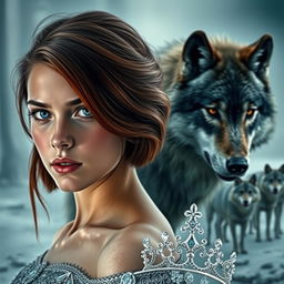 A mesmerizing book cover inspired by the style of Kiera Cass featuring a majestic wolf in the background that has a protective gaze