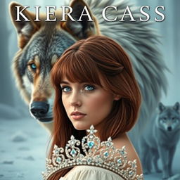 A mesmerizing book cover inspired by the style of Kiera Cass featuring a majestic wolf in the background that has a protective gaze