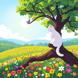 A white cat sitting on a tree branch, overlooking a vibrant flower meadow below