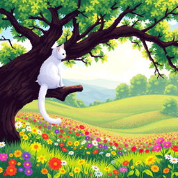 A white cat sitting on a tree branch, overlooking a vibrant flower meadow below