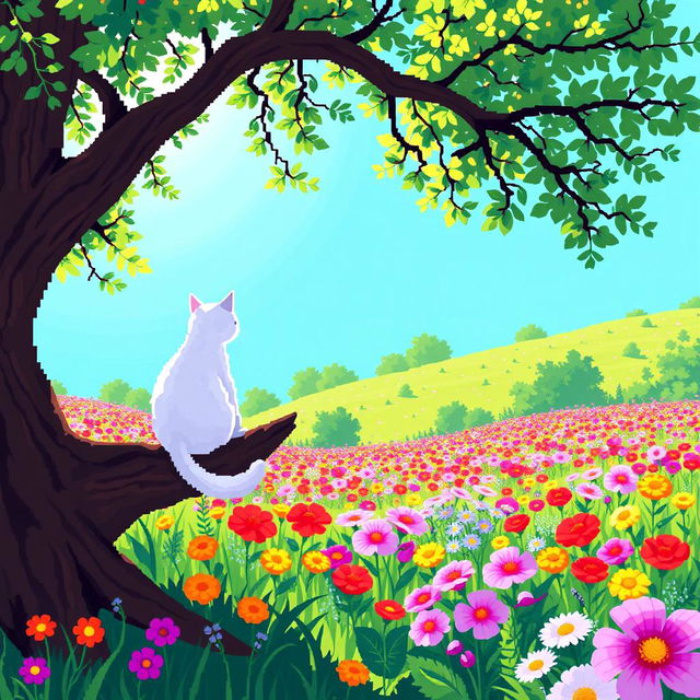 A white cat sitting on a tree branch, overlooking a vibrant flower meadow below