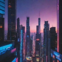 A futuristic cityscape at dusk, with towering buildings reaching the sky, bathed in the glow of neon lights.