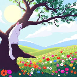 A white cat sitting on a tree branch, overlooking a vibrant flower meadow below