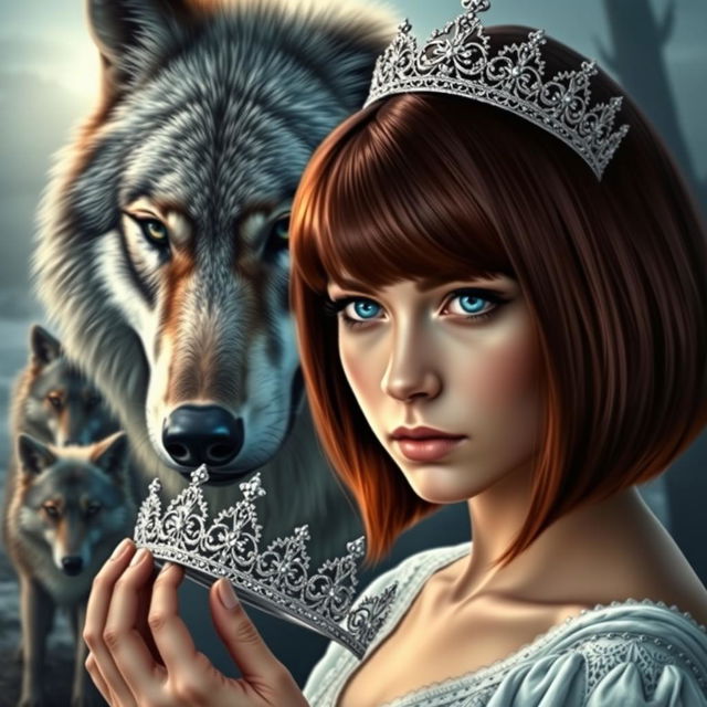 A captivating book cover designed in the style of Kiera Cass, featuring a regal wolf in the background that gazes protectively upon a young woman with sapphire blue eyes and chestnut hair styled in a bob