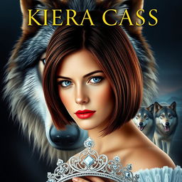 A captivating book cover designed in the style of Kiera Cass, featuring a regal wolf in the background that gazes protectively upon a young woman with sapphire blue eyes and chestnut hair styled in a bob