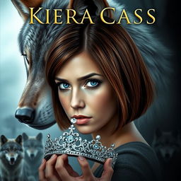 A captivating book cover designed in the style of Kiera Cass, featuring a regal wolf in the background that gazes protectively upon a young woman with sapphire blue eyes and chestnut hair styled in a bob