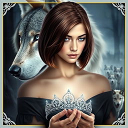 A captivating book cover designed in the style of Kiera Cass, featuring a regal wolf in the background that gazes protectively upon a young woman with sapphire blue eyes and chestnut hair styled in a bob