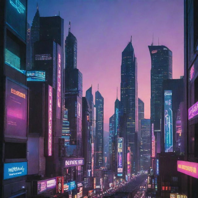 A futuristic cityscape at dusk, with towering buildings reaching the sky, bathed in the glow of neon lights.