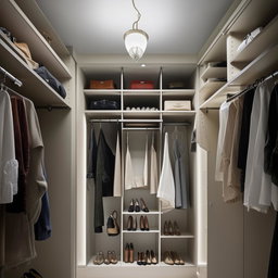 A meticulously organised walk-in closet measuring 3 meters by 1.2 meters, filled with various garments, shoes, and accessories.