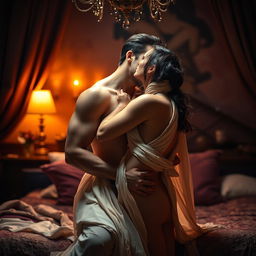 A passionate scene depicting a couple in an intimate embrace, lost in the moment of a deep kiss while making love