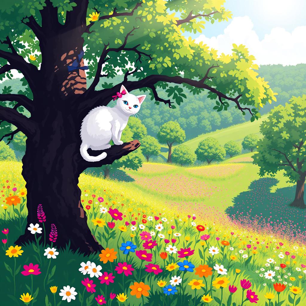 A white cat perched on a tree branch, overlooking a colorful flower meadow below, depicted in pixel art style