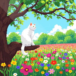 A white cat perched on a tree branch, overlooking a colorful flower meadow below, depicted in pixel art style