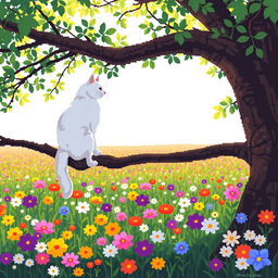 A white cat perched on a tree branch, overlooking a colorful flower meadow below, depicted in pixel art style