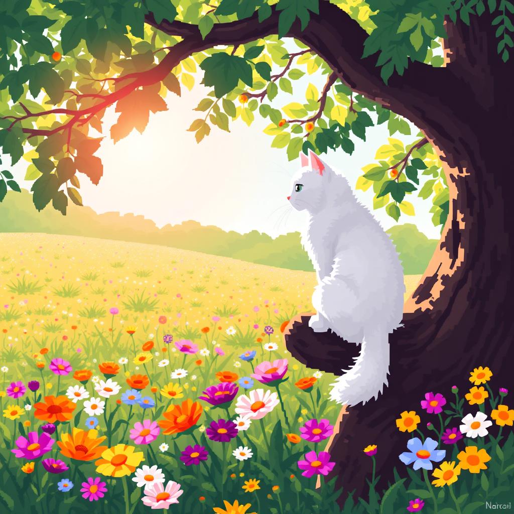 A white cat perched on a tree branch, overlooking a colorful flower meadow below, depicted in pixel art style