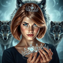 An enchanting book cover in the style of Kiera Cass, featuring a majestic wolf in the background, looking protectively at a young woman with sapphire blue eyes and light chestnut hair styled in a bob