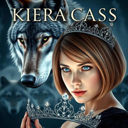 An enchanting book cover in the style of Kiera Cass, featuring a majestic wolf in the background, looking protectively at a young woman with sapphire blue eyes and light chestnut hair styled in a bob