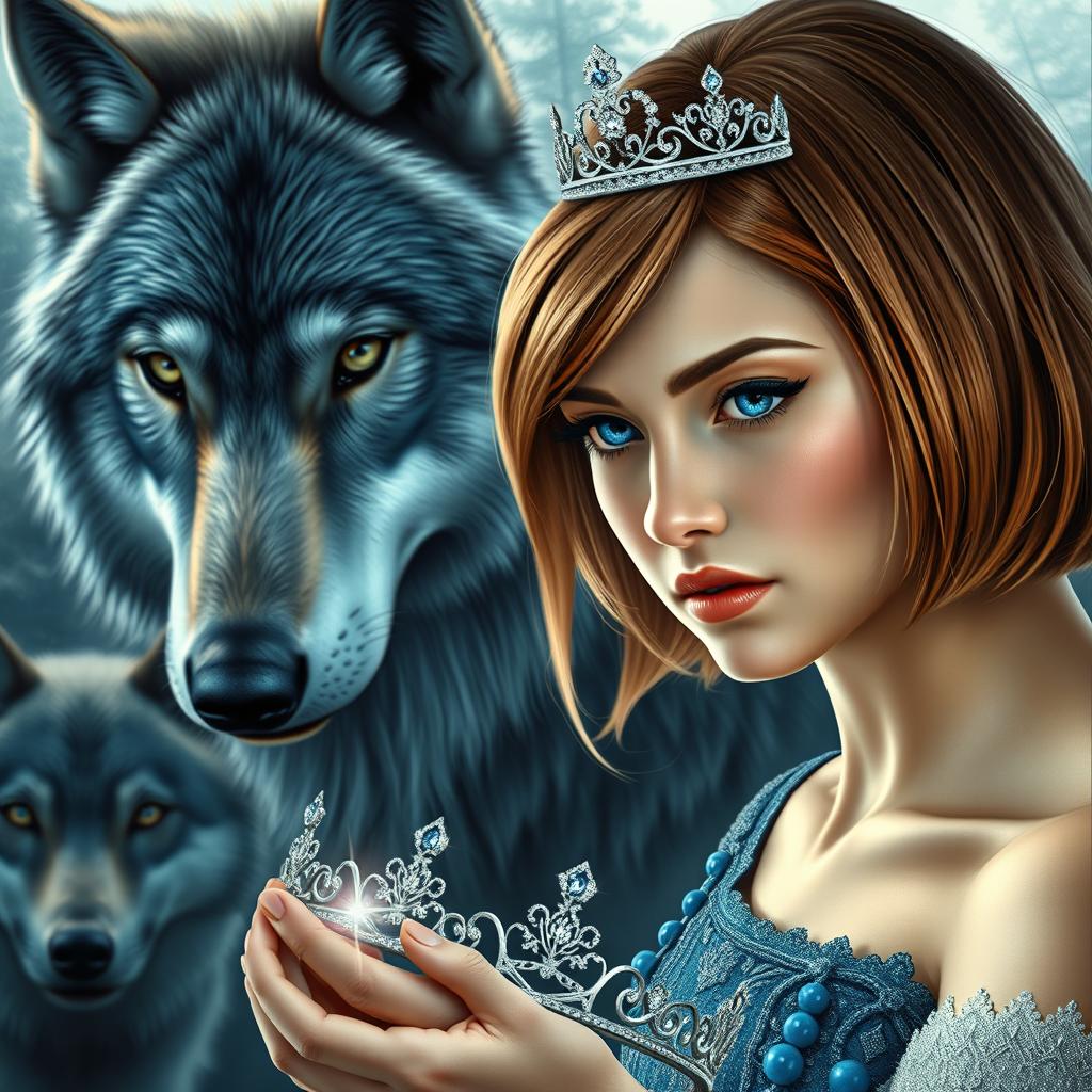 An enchanting book cover in the style of Kiera Cass, featuring a majestic wolf in the background, looking protectively at a young woman with sapphire blue eyes and light chestnut hair styled in a bob