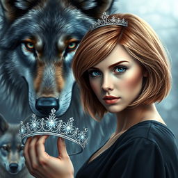 An enchanting book cover in the style of Kiera Cass, featuring a majestic wolf in the background, looking protectively at a young woman with sapphire blue eyes and light chestnut hair styled in a bob