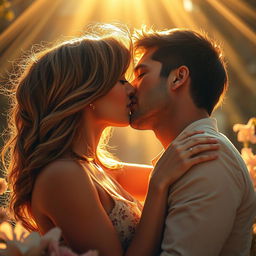 A romantic scene depicting two passionate lovers under the warm glow of sunlit rays, showcasing their intense connection as they share a deep, passionate kiss