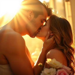 A romantic scene depicting two passionate lovers under the warm glow of sunlit rays, showcasing their intense connection as they share a deep, passionate kiss