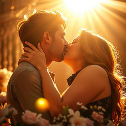 A romantic scene depicting two passionate lovers under the warm glow of sunlit rays, showcasing their intense connection as they share a deep, passionate kiss