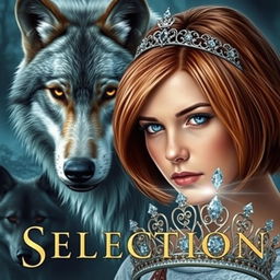 A beautiful book cover inspired by the style of Kiera Cass's 'The Selection', featuring a majestic wolf in the background watching protectively over a young woman