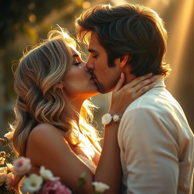 A romantic scene depicting two passionate lovers under the warm glow of sunlit rays, showcasing their intense connection as they share a deep, passionate kiss