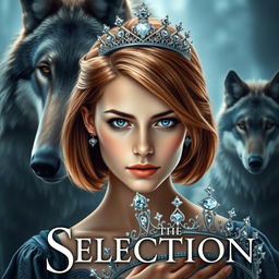 A beautiful book cover inspired by the style of Kiera Cass's 'The Selection', featuring a majestic wolf in the background watching protectively over a young woman