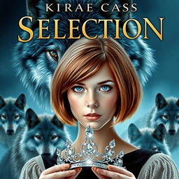 A beautiful book cover inspired by the style of Kiera Cass's 'The Selection', featuring a majestic wolf in the background watching protectively over a young woman