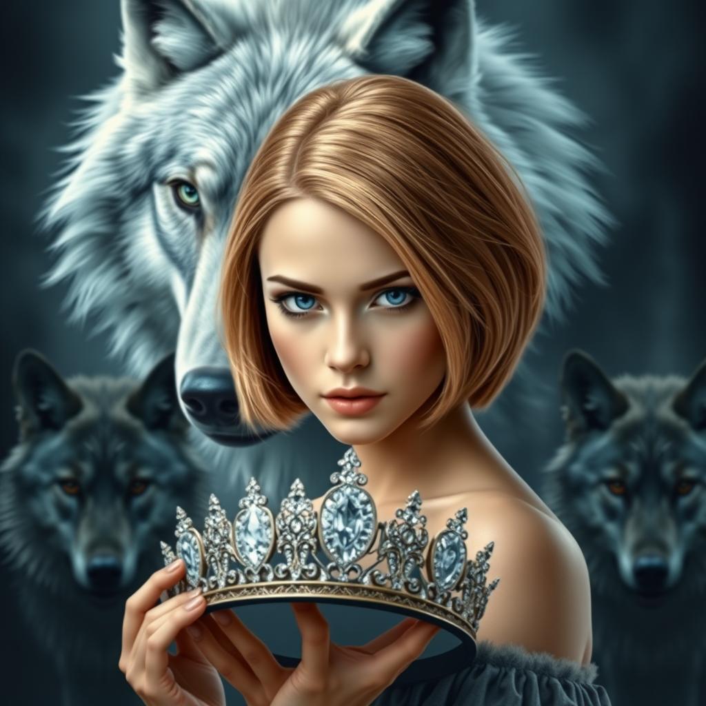 A beautiful book cover inspired by the style of Kiera Cass's 'The Selection', featuring a majestic wolf in the background watching protectively over a young woman