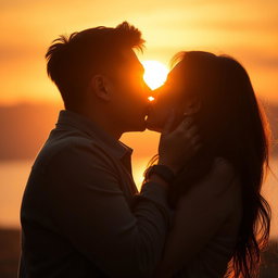 A passionate scene of two Asian lovers sharing an intimate kiss under warm solar light