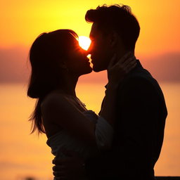 A passionate scene of two Asian lovers sharing an intimate kiss under warm solar light