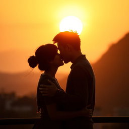 A passionate scene of two Asian lovers sharing an intimate kiss under warm solar light