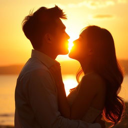 A passionate scene of two Asian lovers sharing an intimate kiss under warm solar light