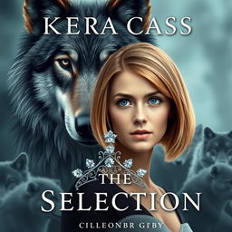 A captivating book cover in the style of Kiera Cass's 'The Selection', featuring a majestic wolf in the background with a protective gaze directed at a young woman