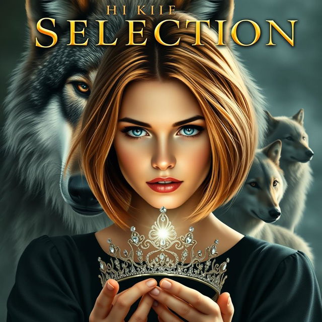 A captivating book cover in the style of Kiera Cass's 'The Selection', featuring a majestic wolf in the background with a protective gaze directed at a young woman