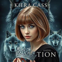 A captivating book cover in the style of Kiera Cass's 'The Selection', featuring a majestic wolf in the background with a protective gaze directed at a young woman